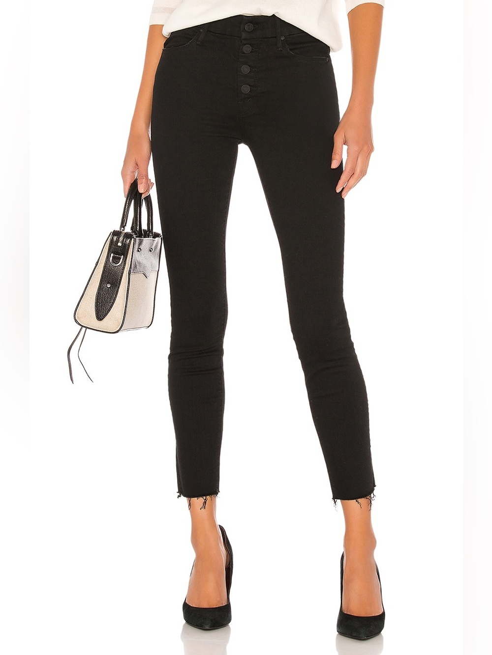 Mother The Pixie Dazzler Ankle Fray High Rise Button Fly Jeans 29 Black